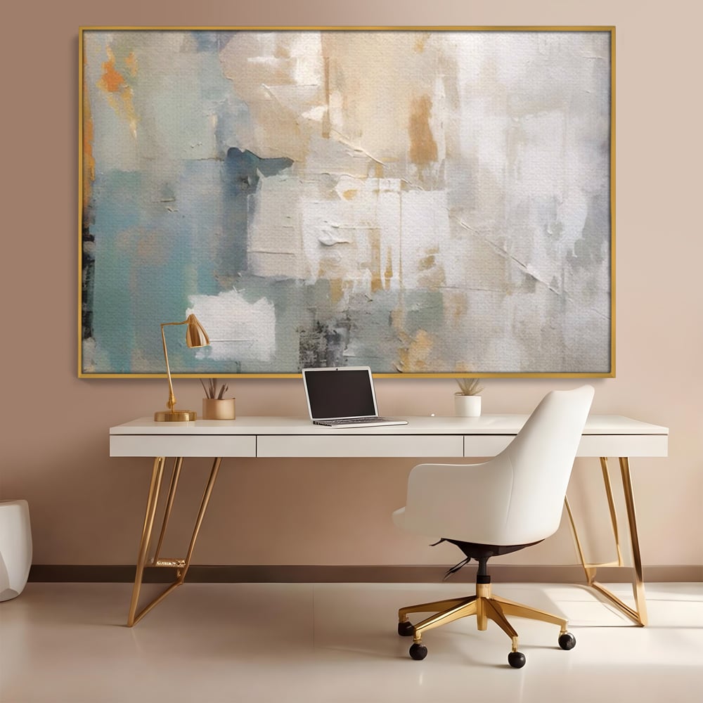 Tablou canvas cu pictura abstracta cu texturi alb, gri si turcoaz, in rama de aluminiu auriu, pe perete intr-un birou